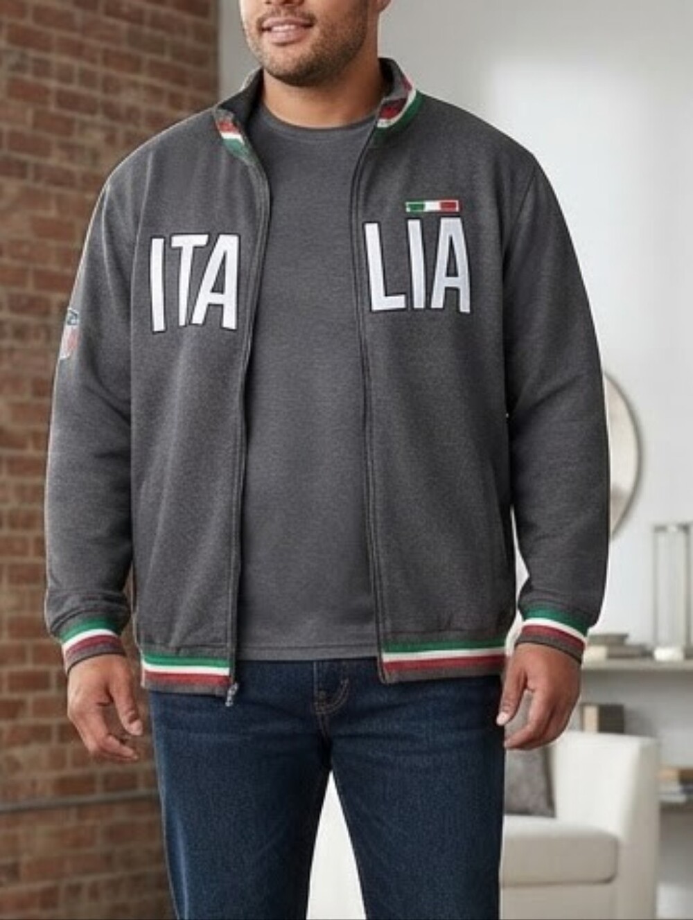 Italia Soccer Zip Up Knit Sweater Charcoal Gray Tricolore Trim Plus Size XXXL